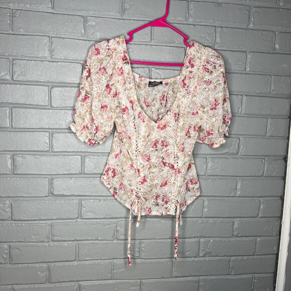 Lulumari Floral Eyelet Corset Style Puff Sleeve Chiffon Semi Sheer Blouse Med - Picture 2 of 12